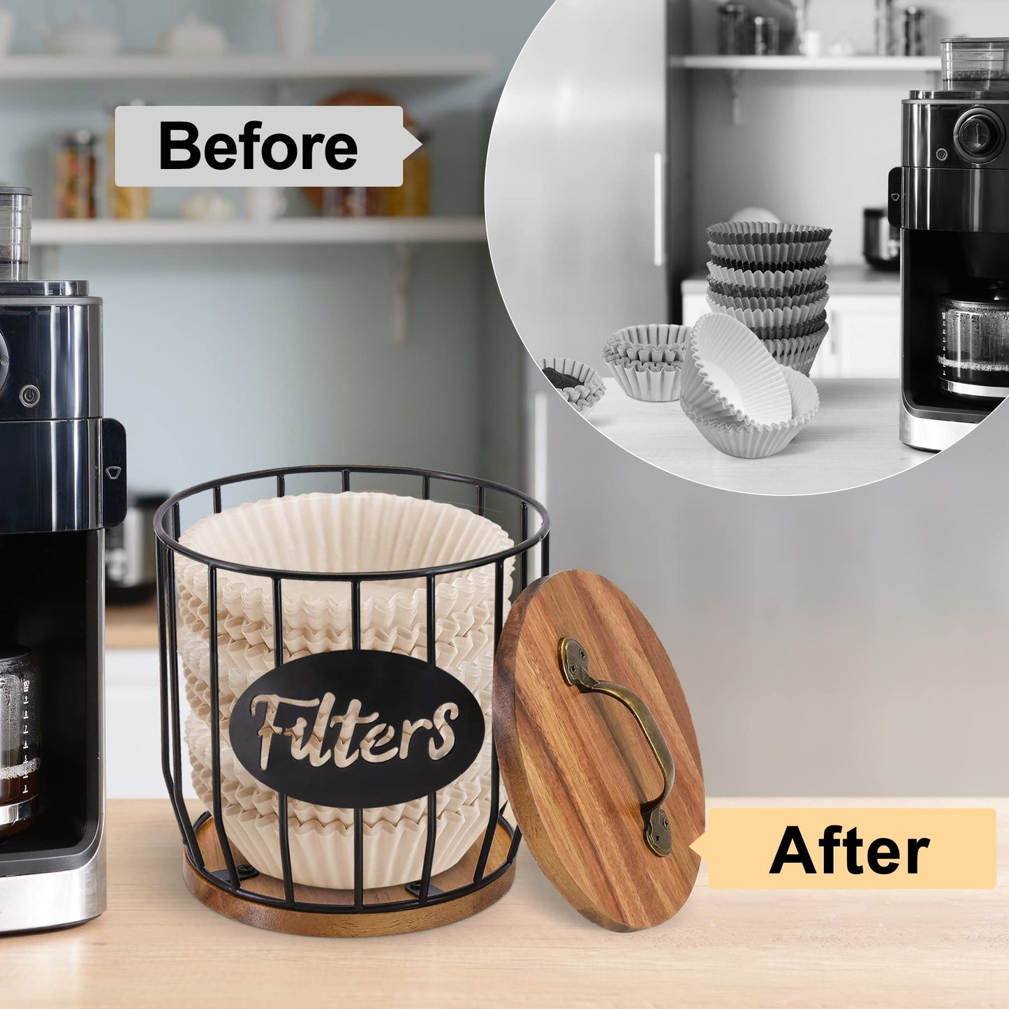 Rustic Coffee Filter Holder with Lid, Acacia Coffee Filter Holder