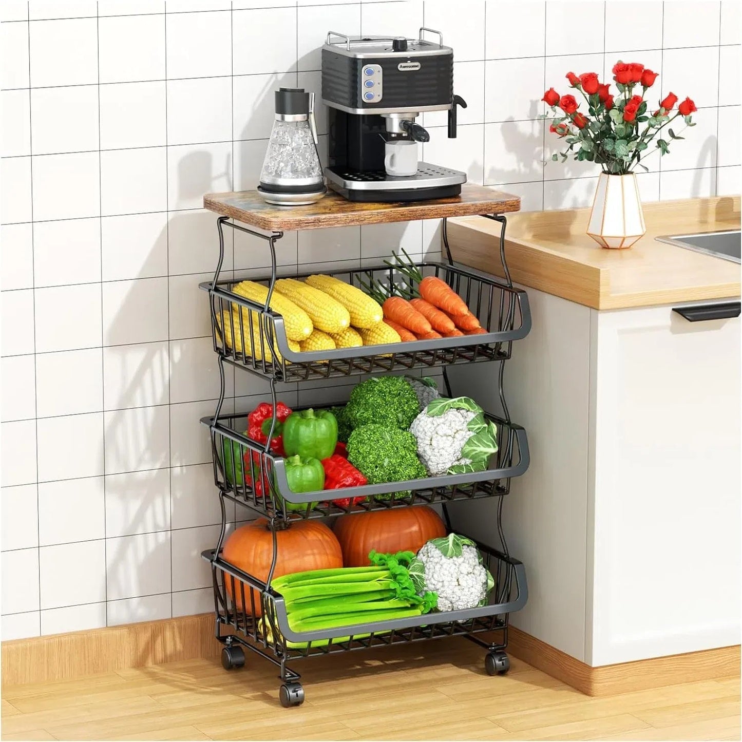 Tier Fruit Basket For Kitchen Organizers And Storage,with Solid Wood *