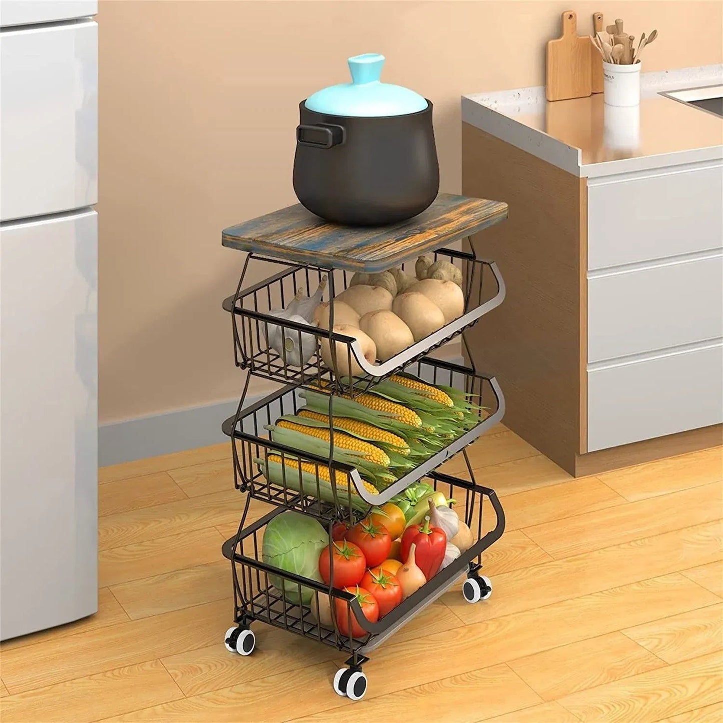 Tier Fruit Basket For Kitchen Organizers And Storage,with Solid Wood *
