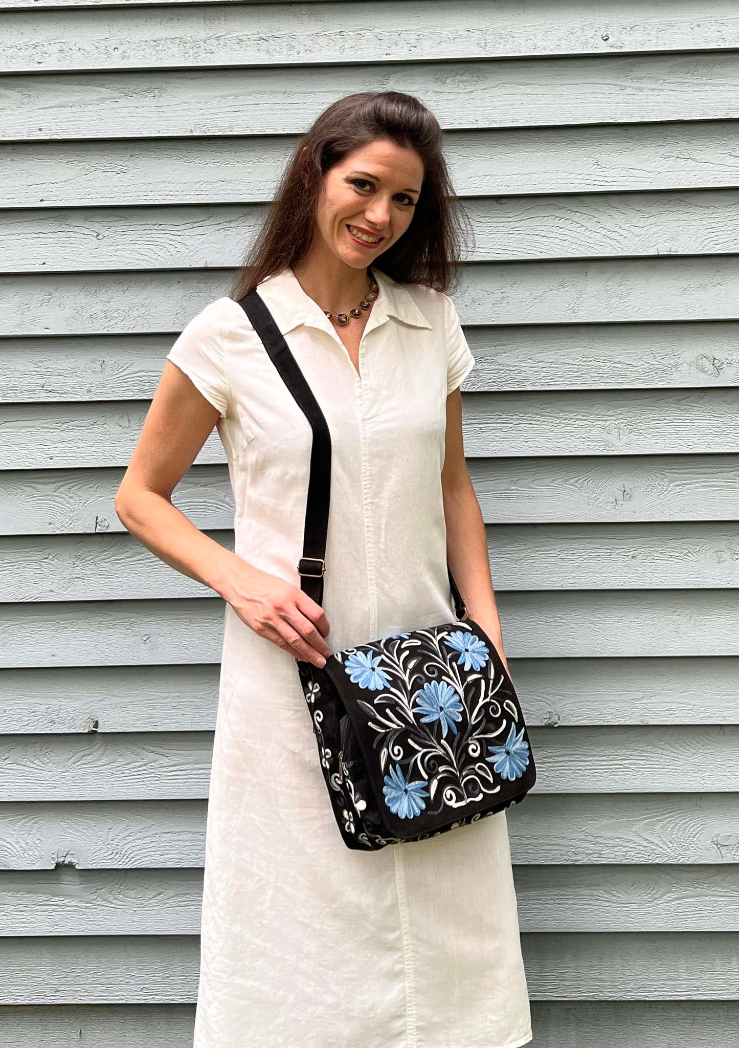 Handmade Blue and Black Suede Embroidered Messenger Bag*