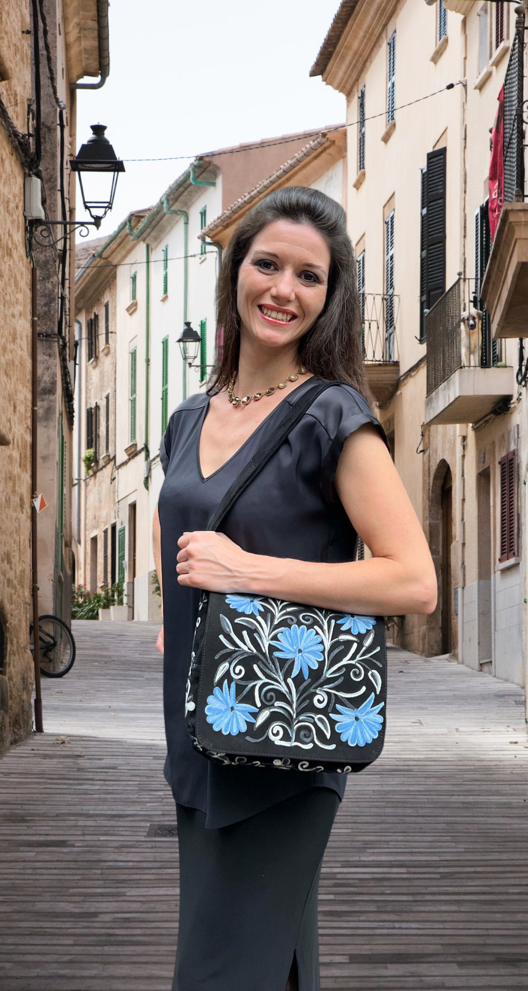 Handmade Blue and Black Suede Embroidered Messenger Bag*