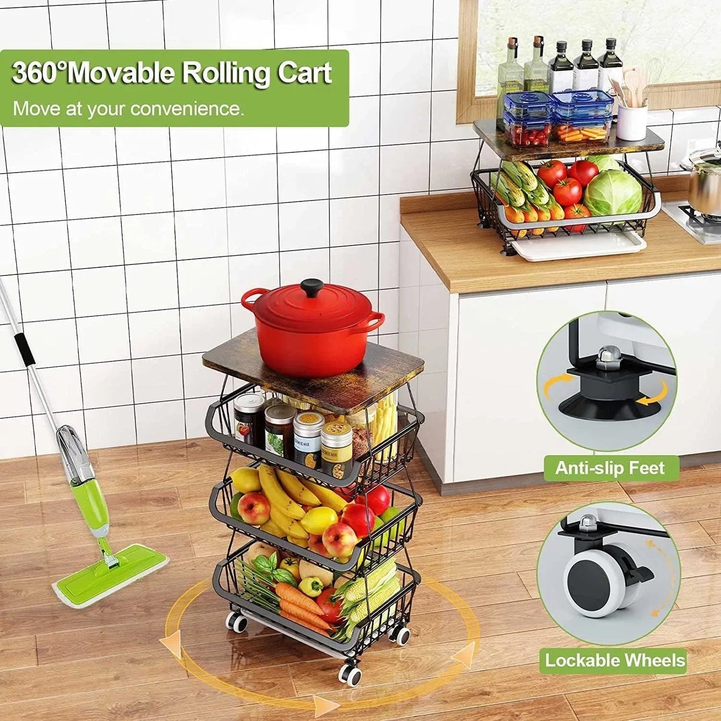 Tier Fruit Basket For Kitchen Organizers And Storage,with Solid Wood *