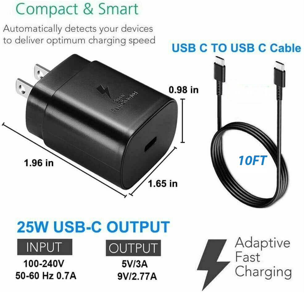 25w Super Fast Charger Type USB-C 10FT Cable For Samsung Galaxy S23 *