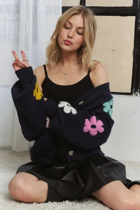ADORA Flower Button Down Lantern Sleeve Cardigan*