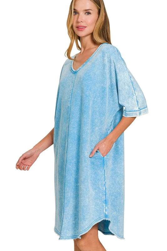 Zenana Acid-washed French Terry Tee Shirts Dress*